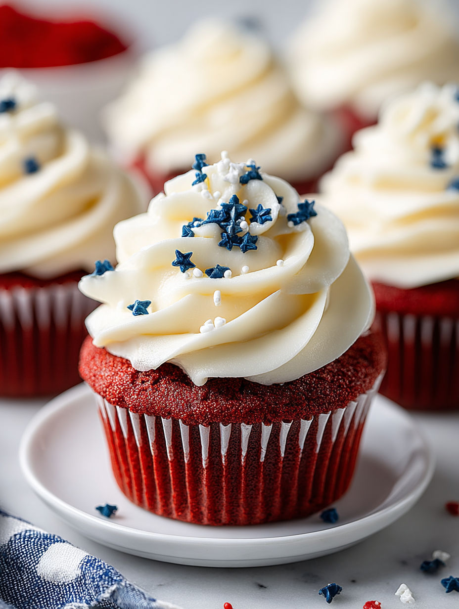 Red velvet cupcakes with cream cheese frosting.