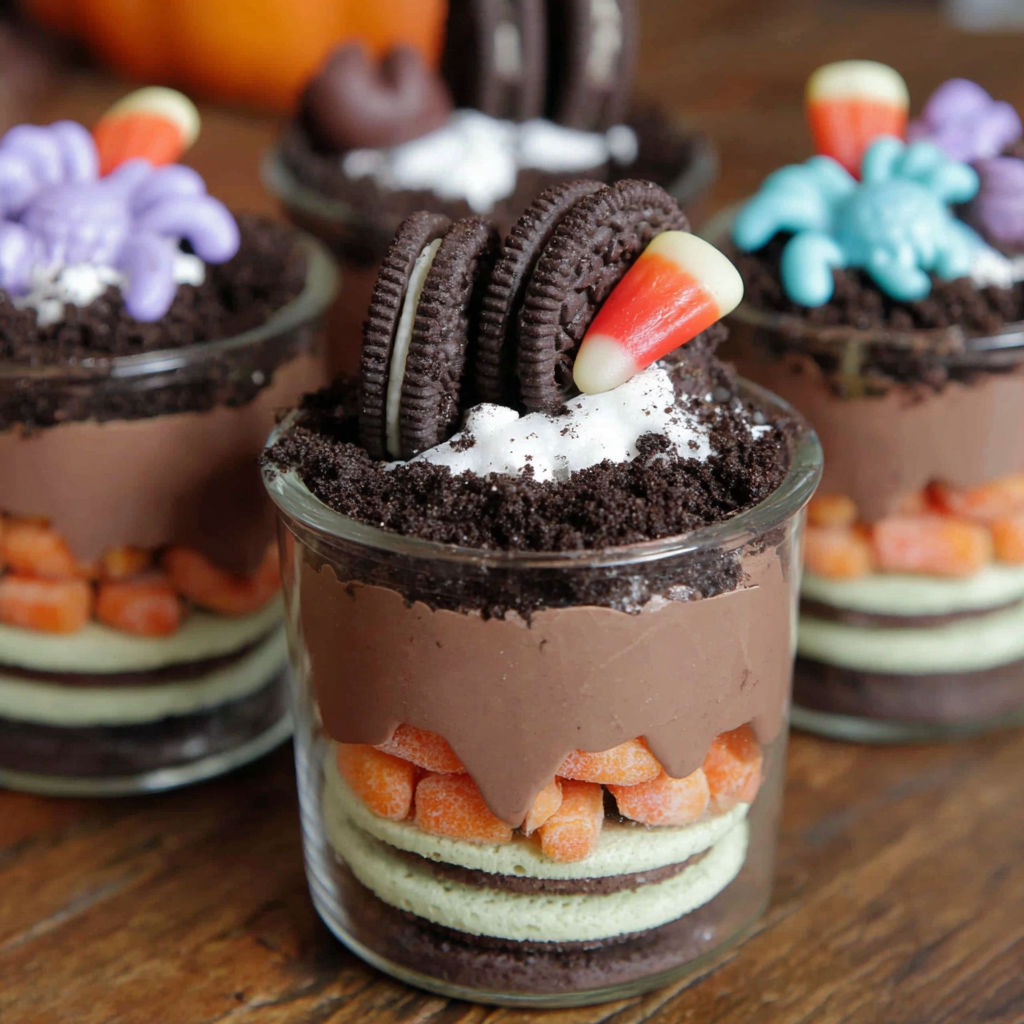 Halloween dirt cups with candy and cookies.