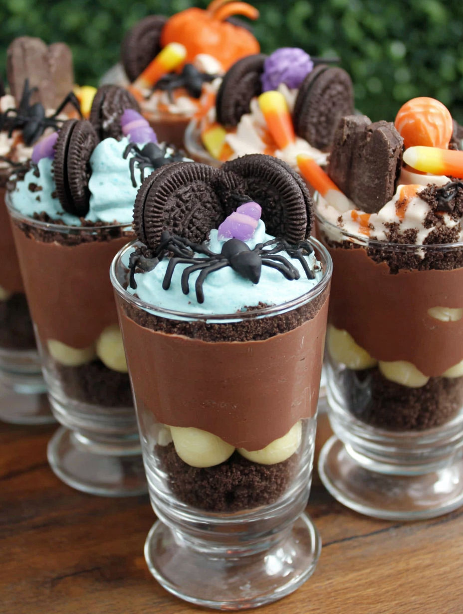 Halloween dirt cups with cookies and candies.