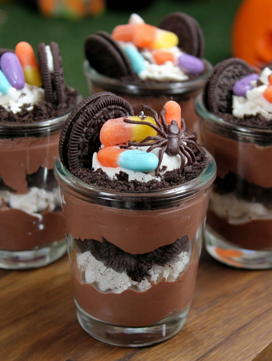 Halloween dirt cups with candy and cookies.