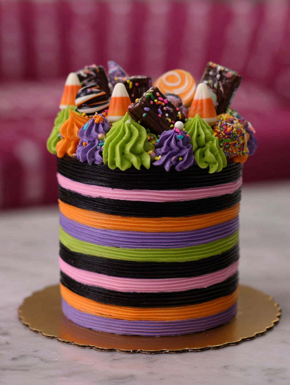A striped Halloween candy cake.