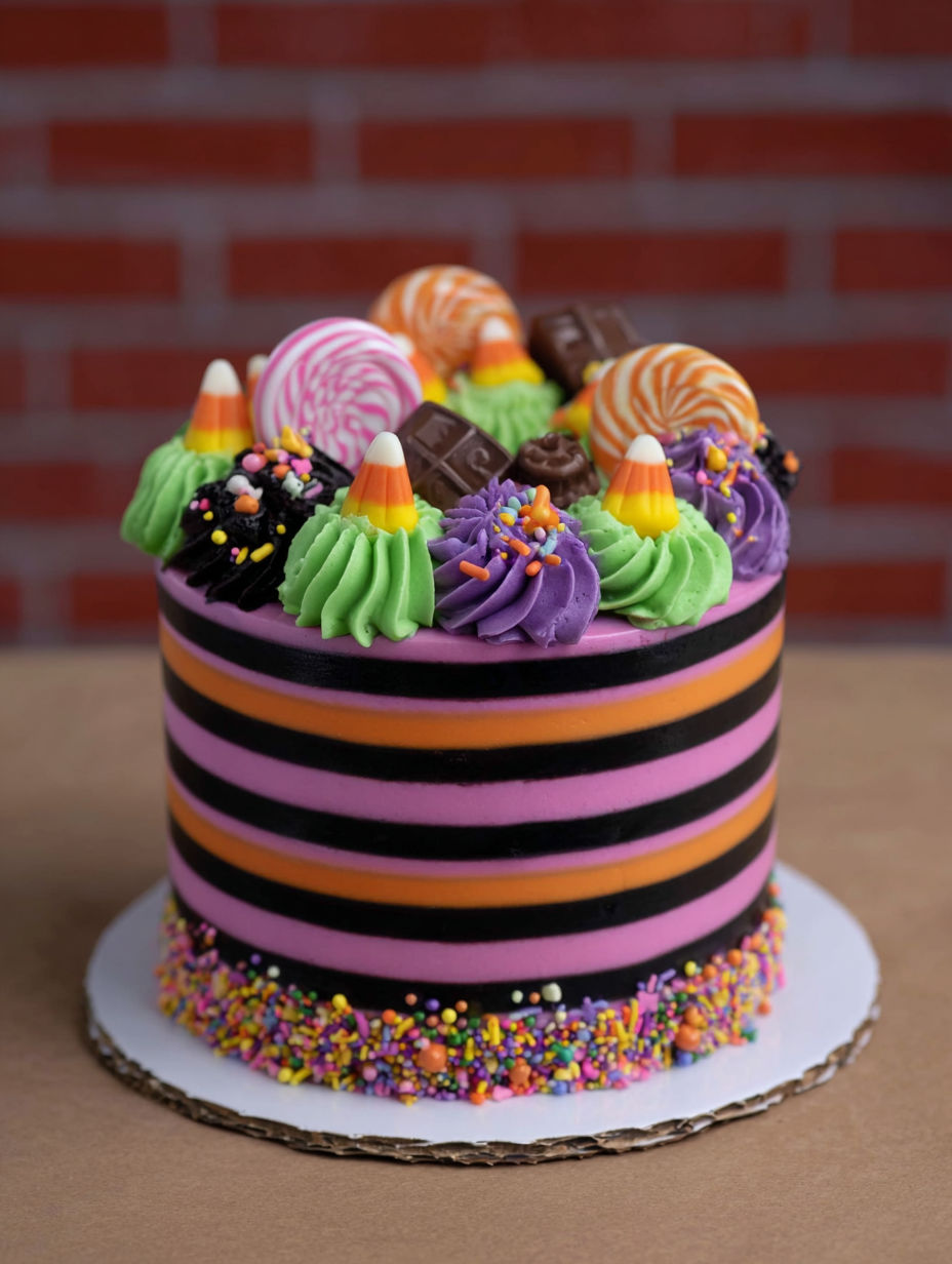 A striped Halloween candy cake with candies on top.