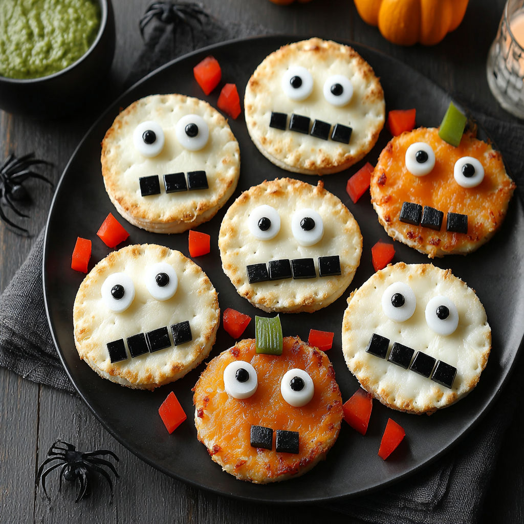 A plate of Halloween treats with faces on them.