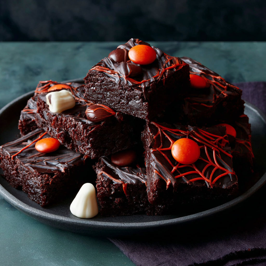 A plate of brownies with orange and black decorations.