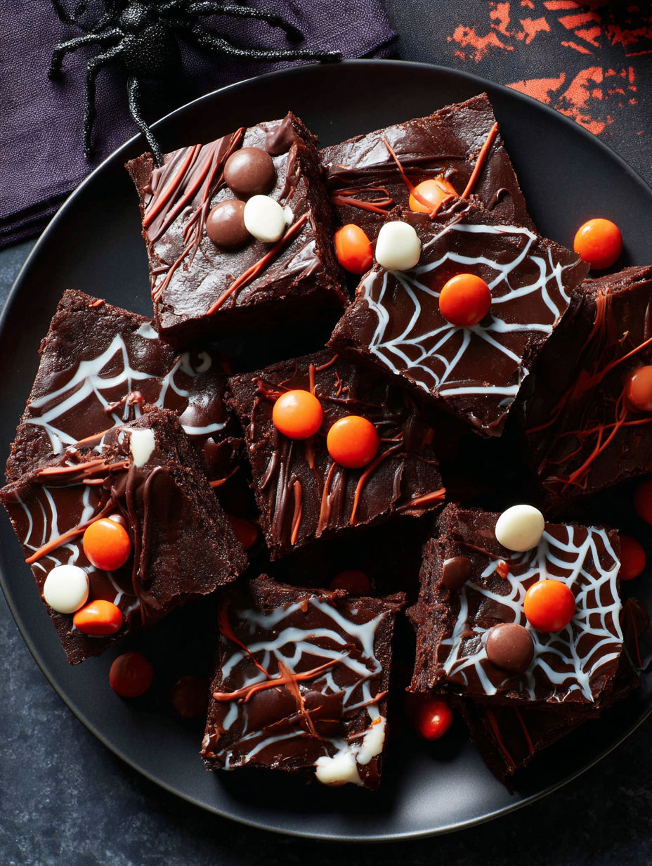 A plate of brownies with orange and white decorations.