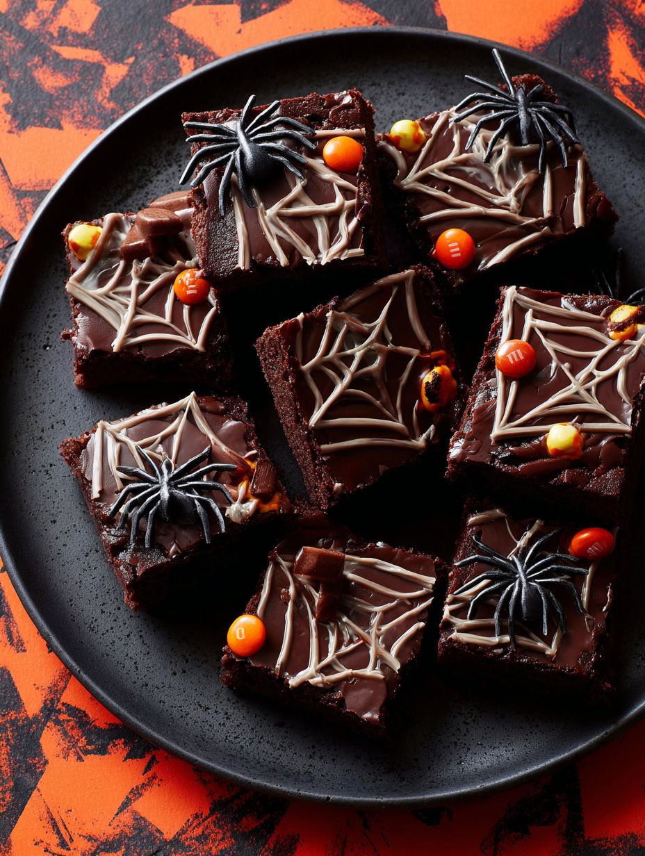 A plate of brownies with spiders and webs on them.