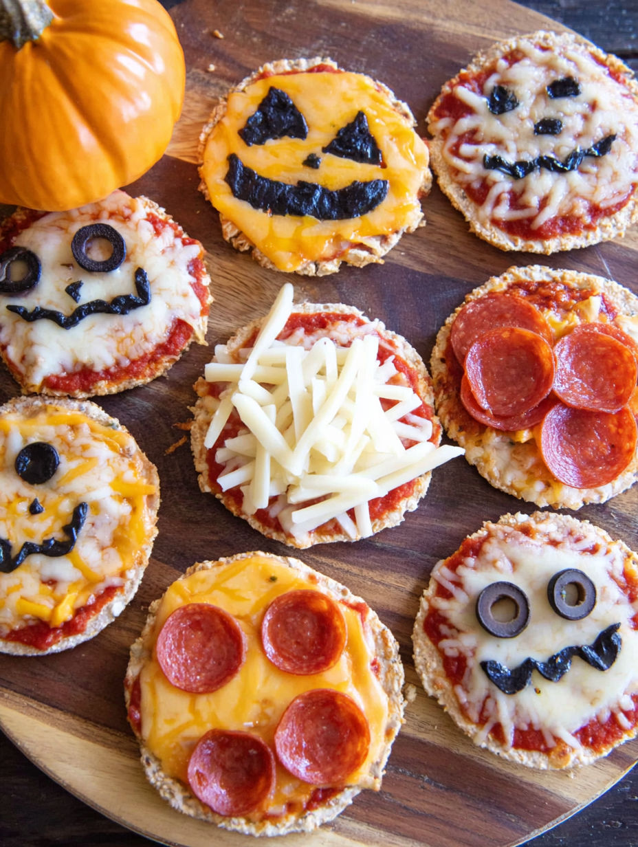 Halloween party pizzas with cheese and pepperoni toppings.