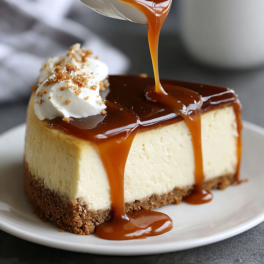 A slice of caramel cheesecake on a plate.