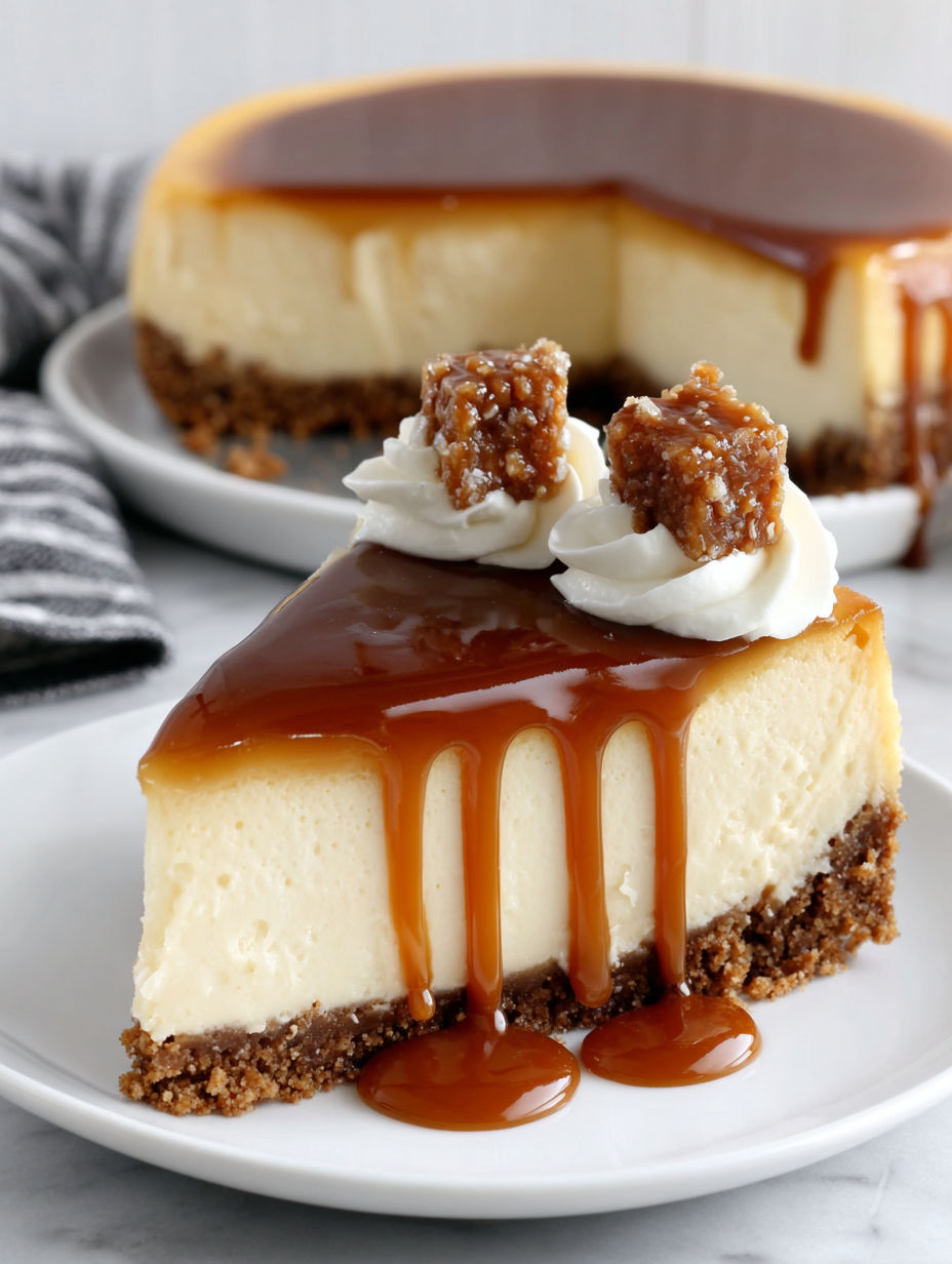 A slice of caramel cheesecake on a plate.