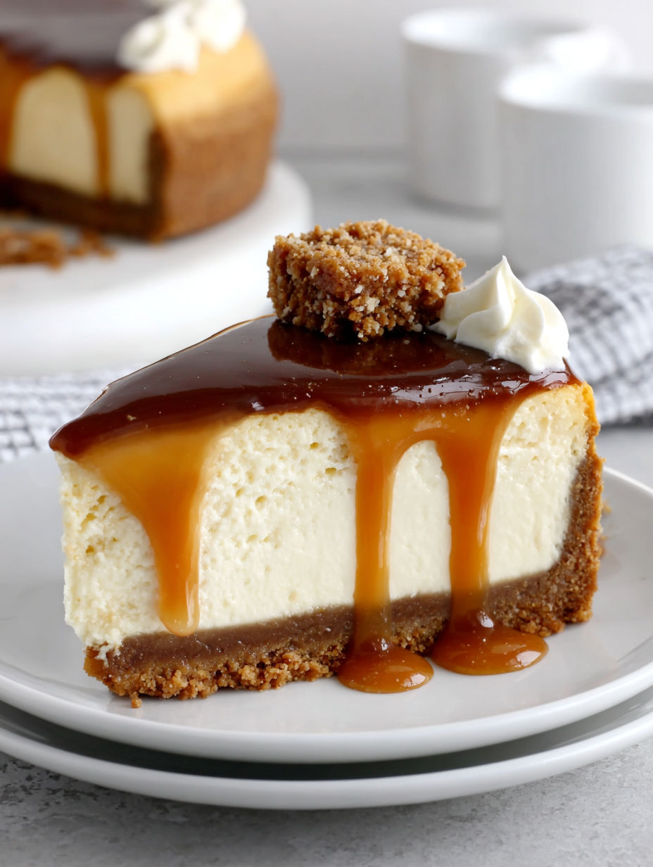A slice of caramel cheesecake on a plate.