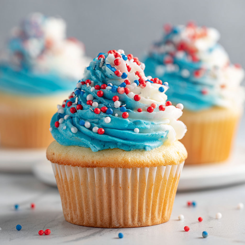 A cupcake with red, white and blue frosting.