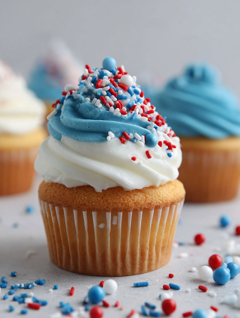 A cupcake with a blue and white frosting and red sprinkles.