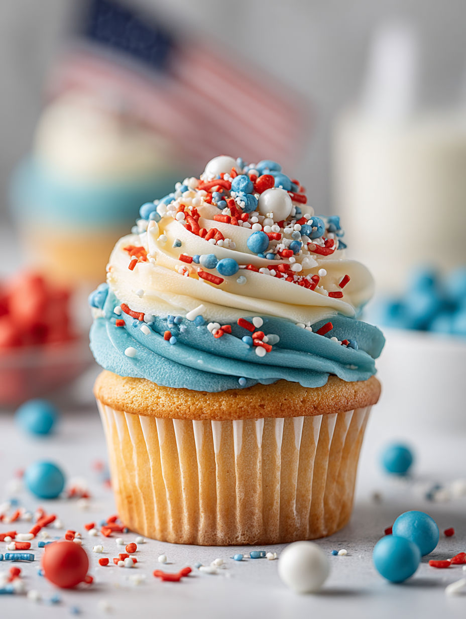 A cupcake with a blue and red frosting.