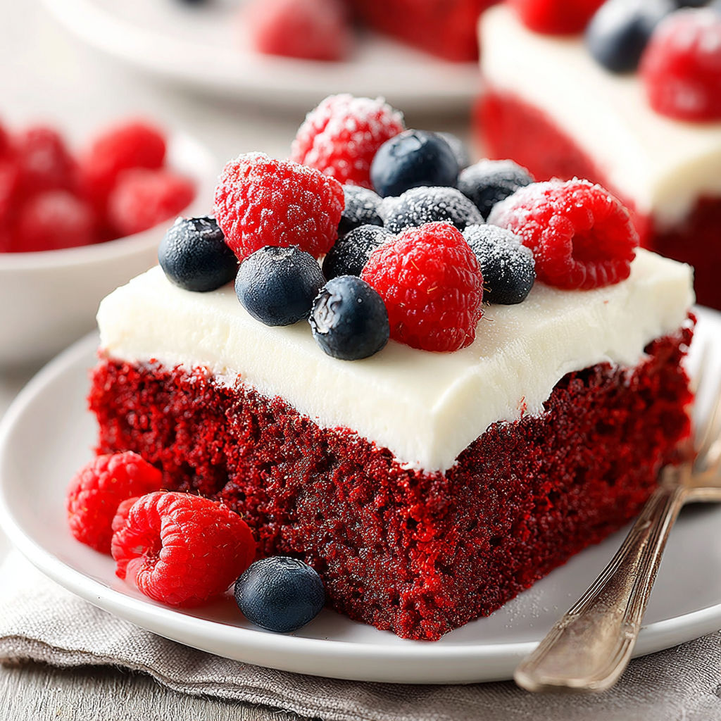 A slice of red velvet cake with white frosting and blueberries.
