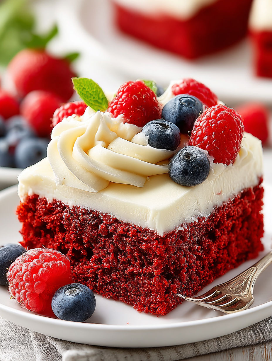 A slice of red velvet cake with white frosting and blueberries.