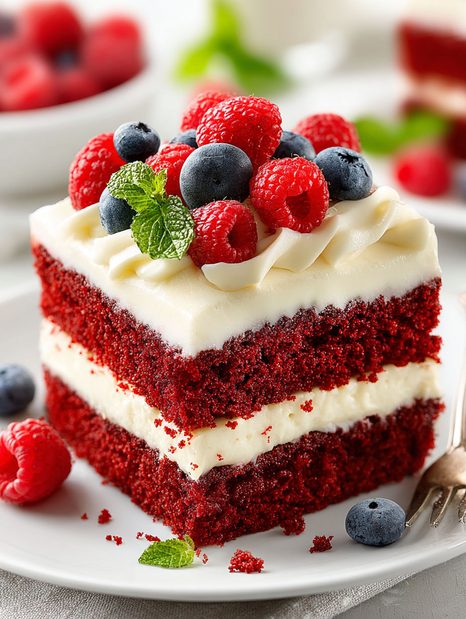 A slice of red velvet cake with white frosting and blueberries.