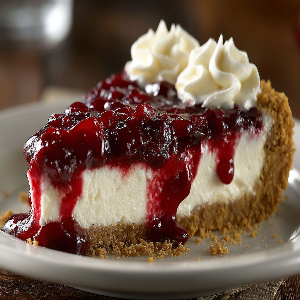 A slice of cherry cheesecake with whipped cream.