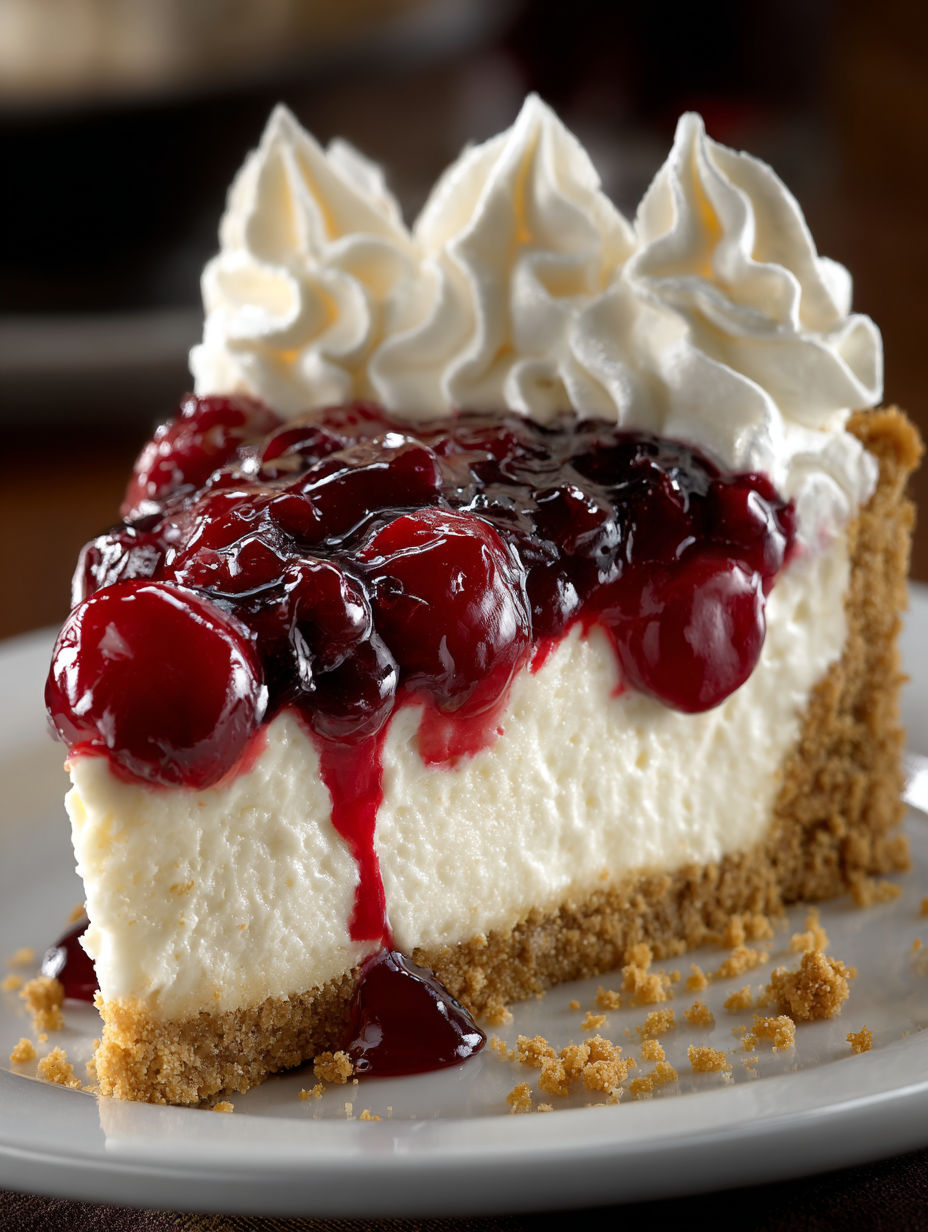 A slice of cherry cheesecake with whipped cream.
