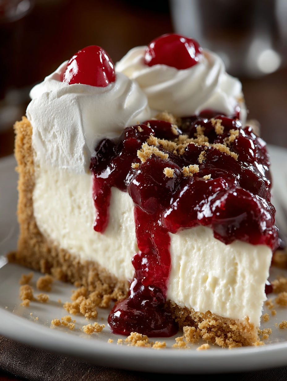 A slice of classic cherry cheesecake.
