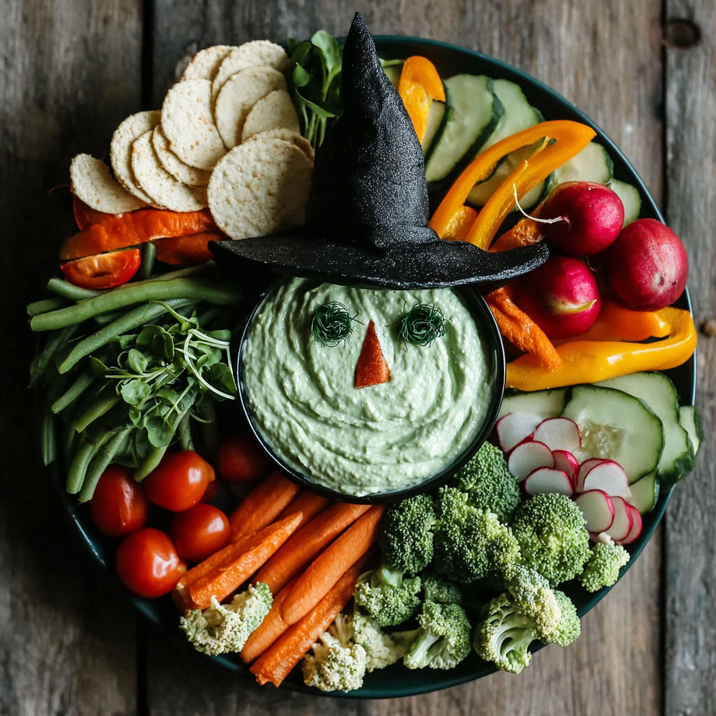 A witch made of vegetables with a dip.