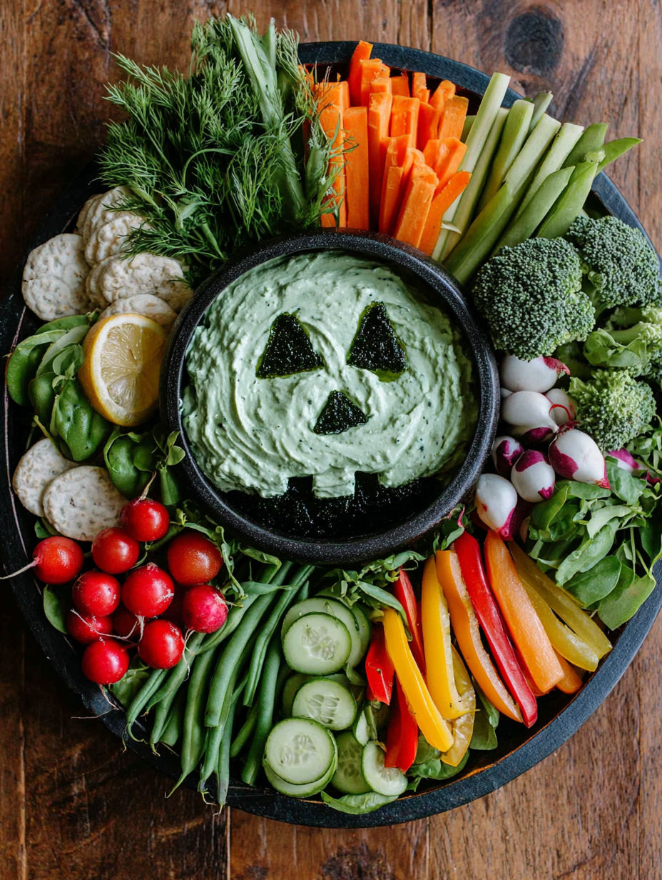 A Halloween vegetable tray with a witch and herb dip.