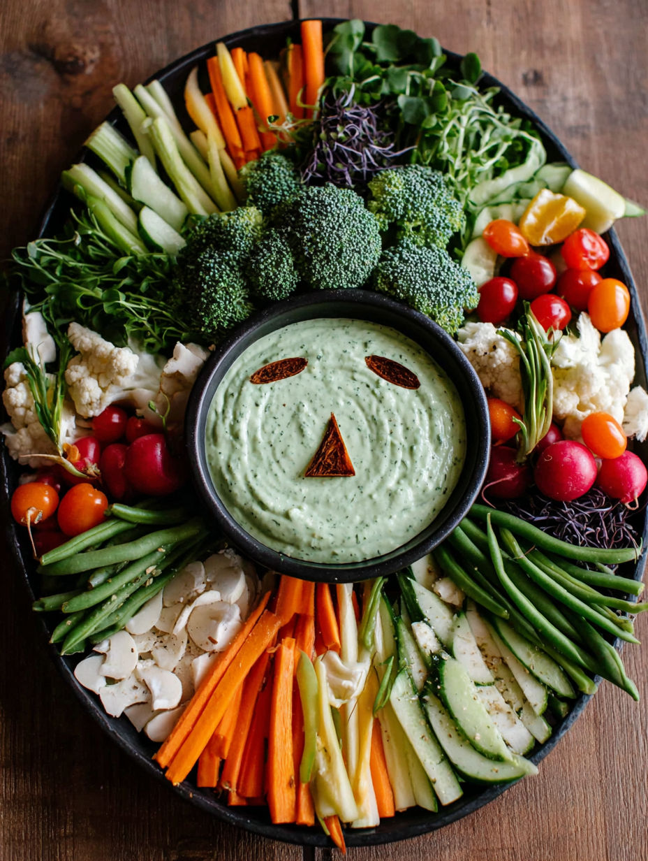 A witch made of vegetables with a dip in a bowl.
