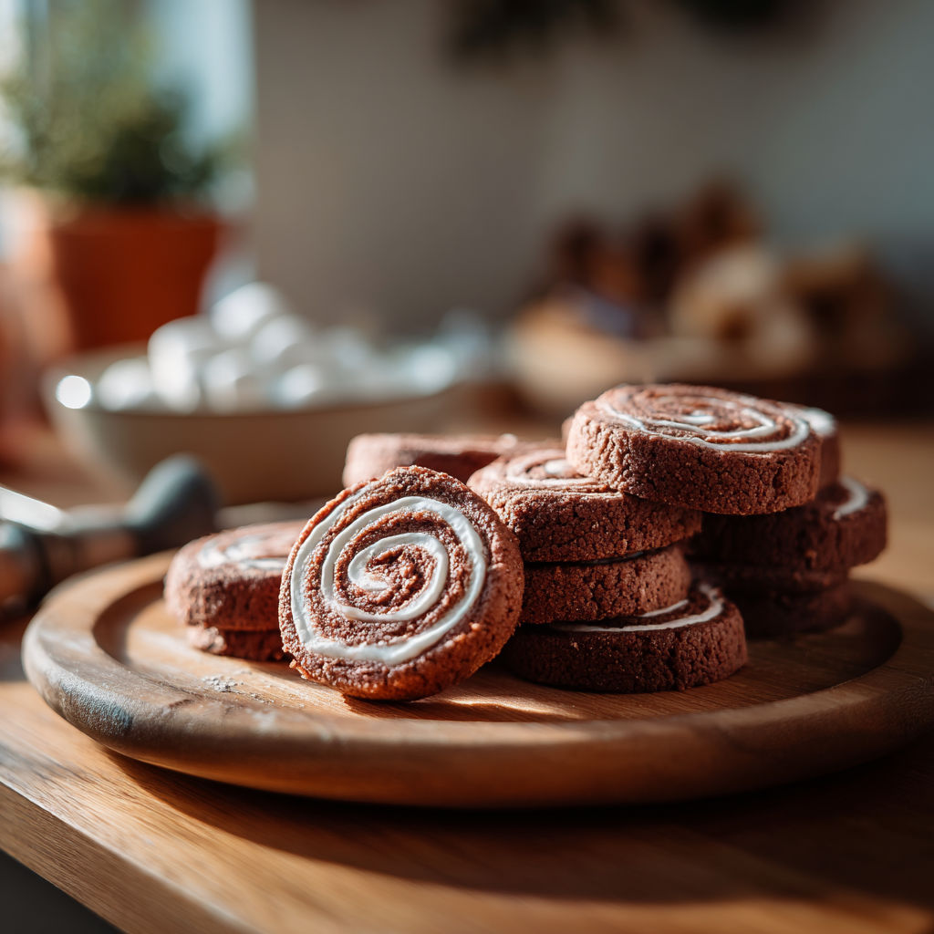 A plate of chocolate marshmallow swirl cookies.