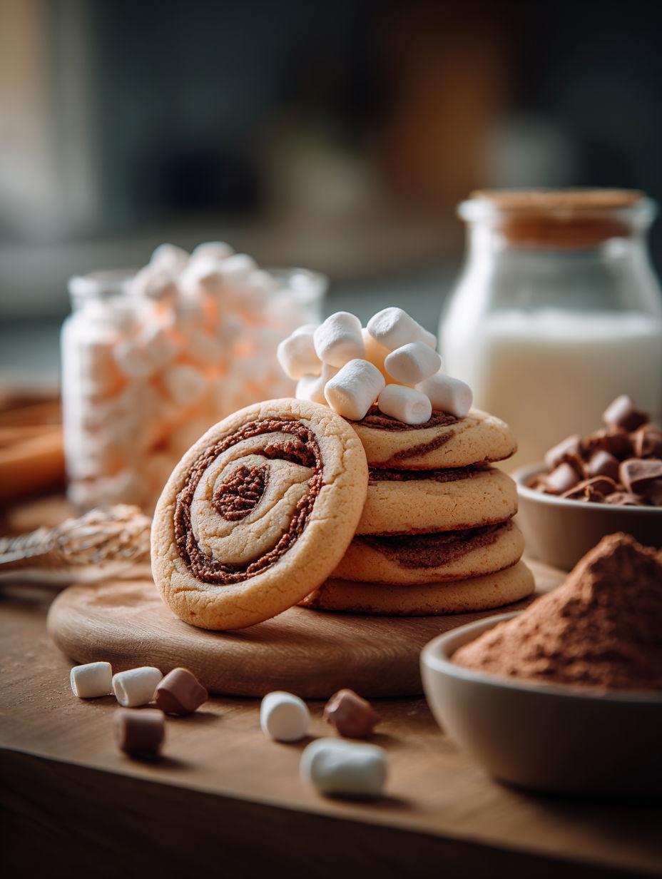 A stack of chocolate marshmallow swirl cookies.