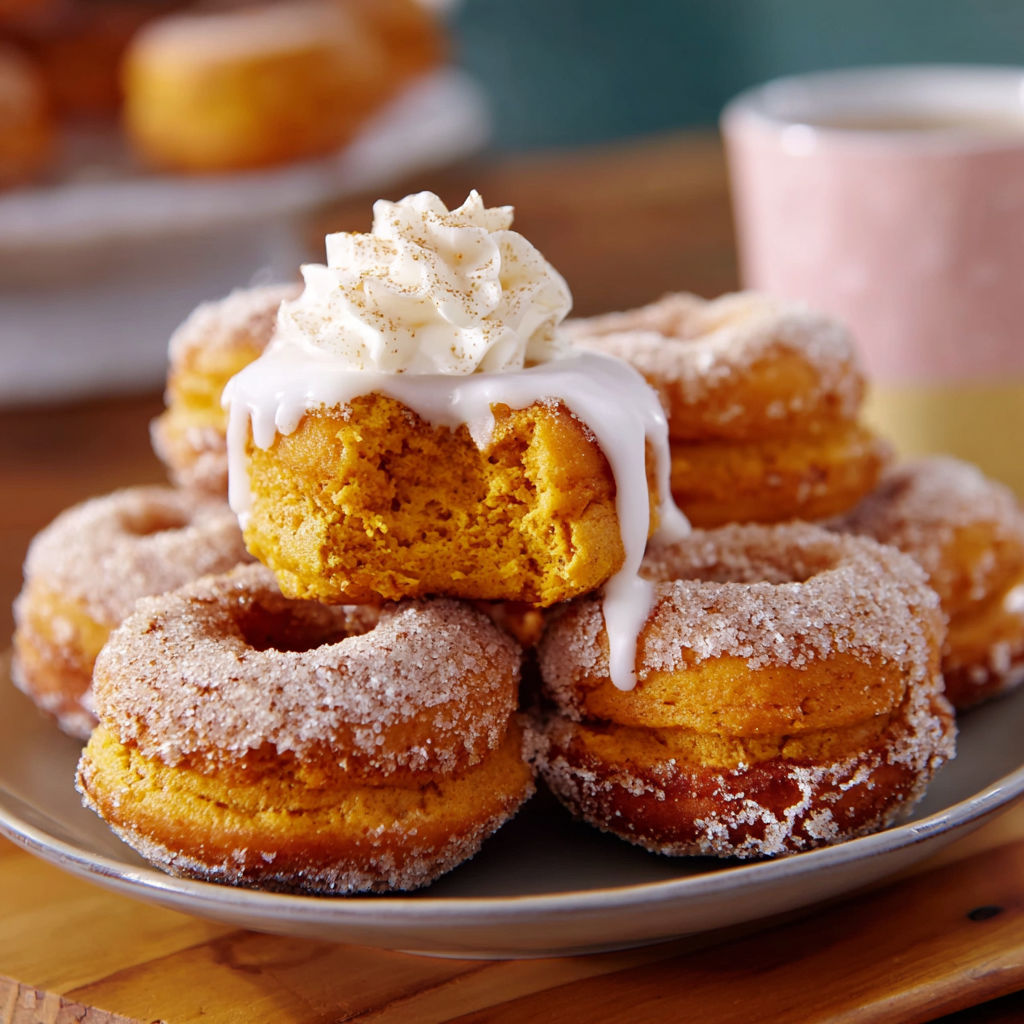A plate of baked pumpkin doughnuts with white icing.