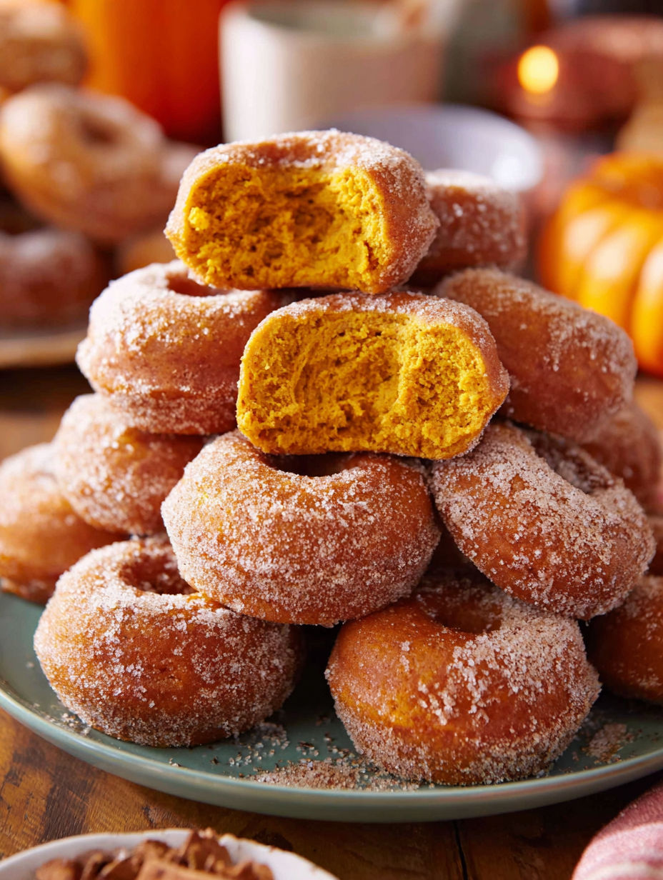 A stack of baked pumpkin doughnuts.