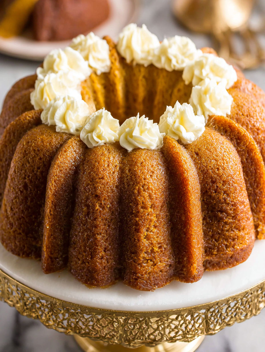 A pumpkin rum cake with white frosting.