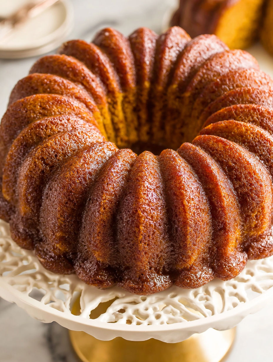 A pumpkin rum cake on a plate.