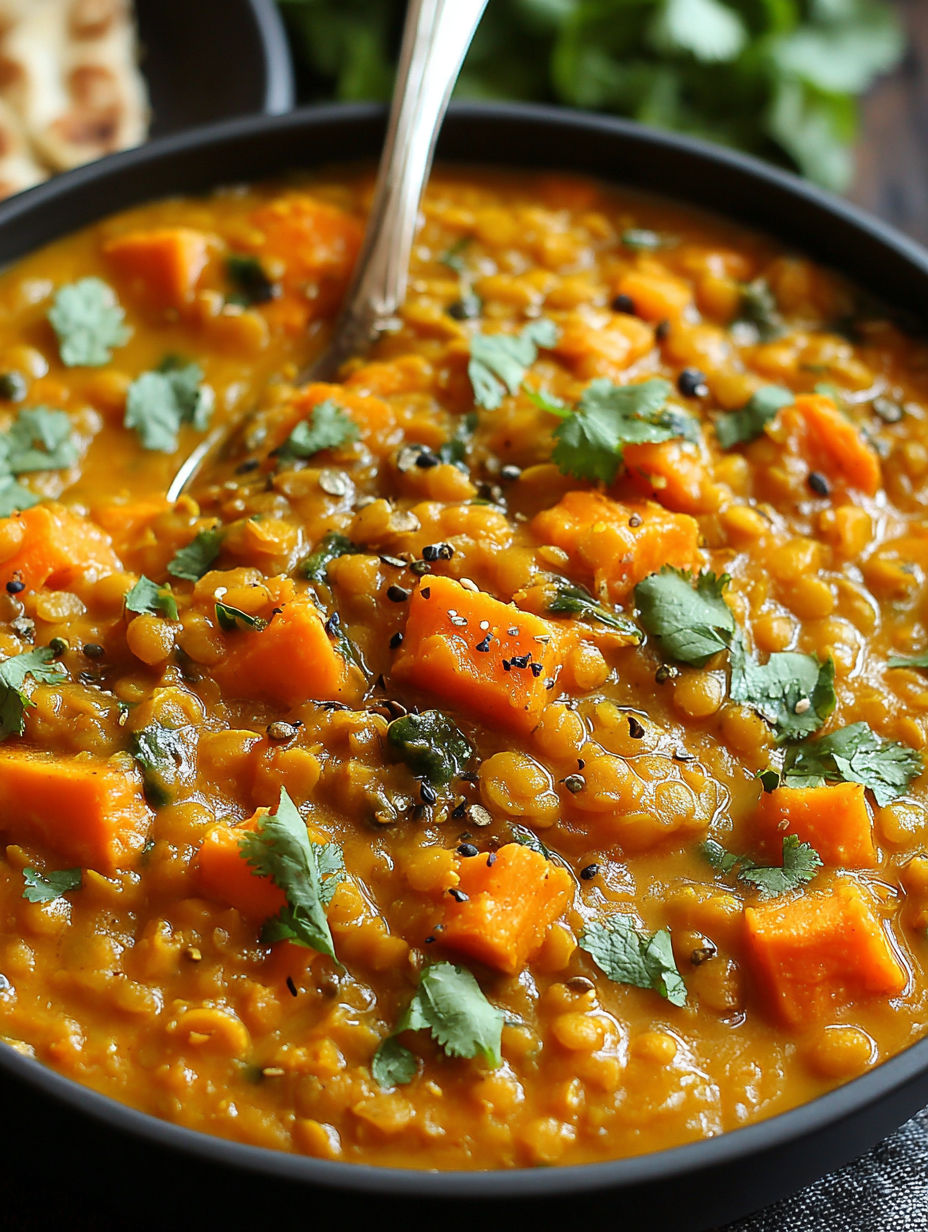A bowl of red lentil curry with sweet potatoes.