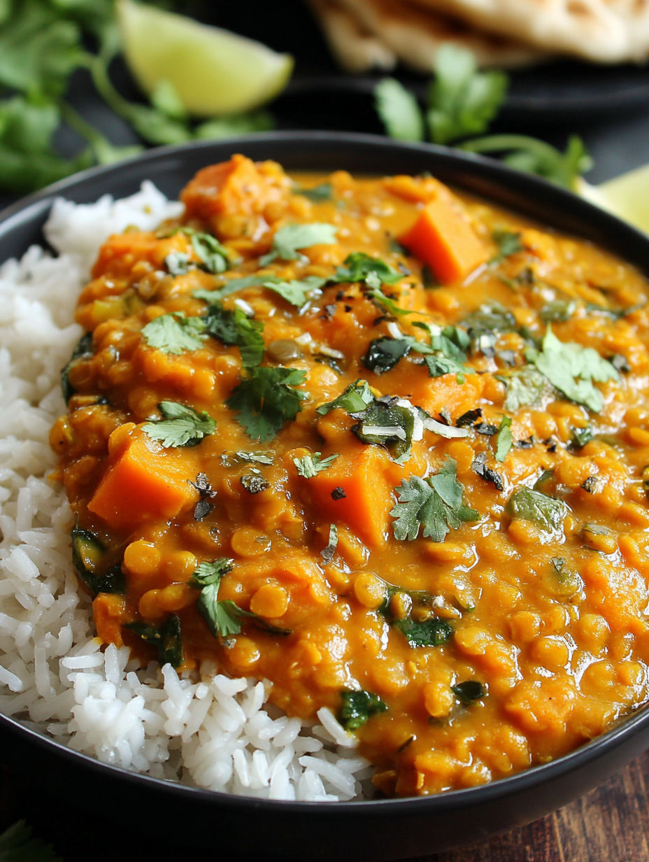 A bowl of red lentil curry with sweet potatoes.
