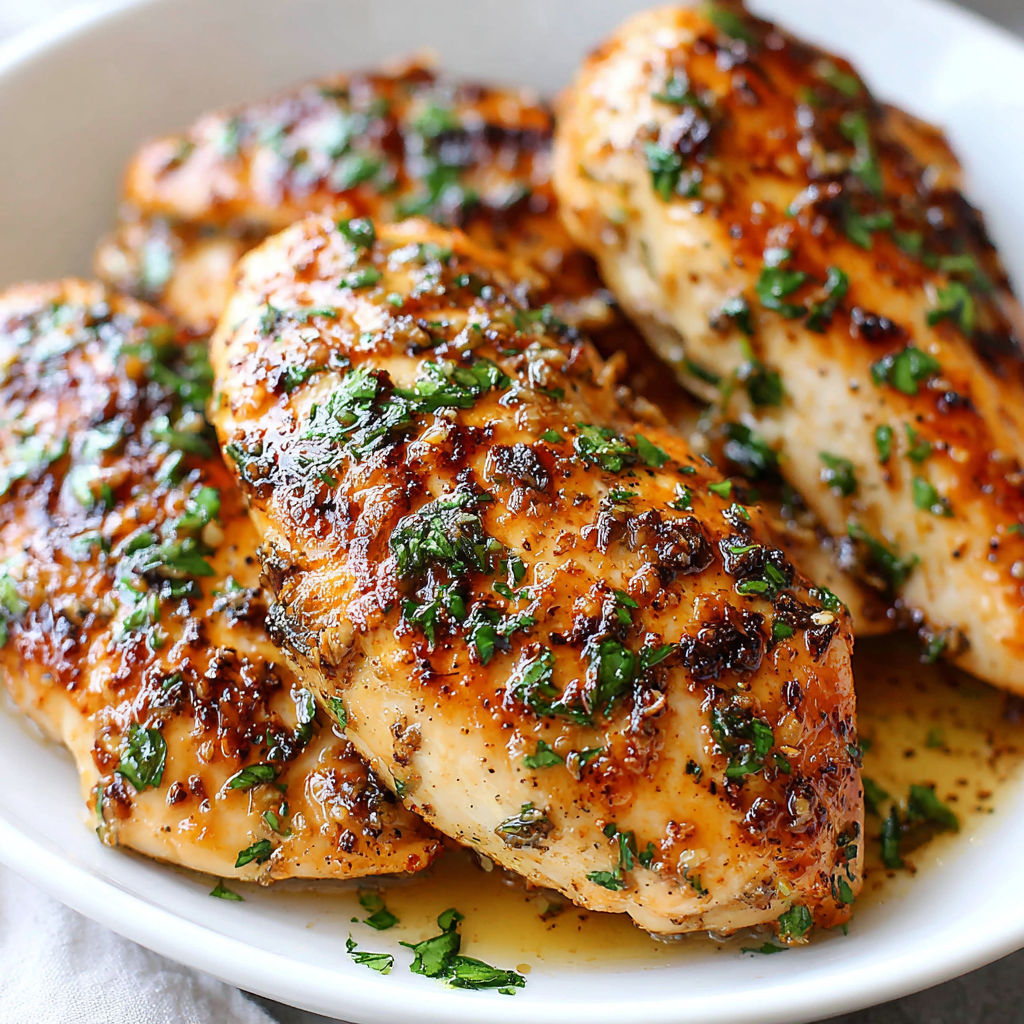 A plate of garlic chicken breasts.