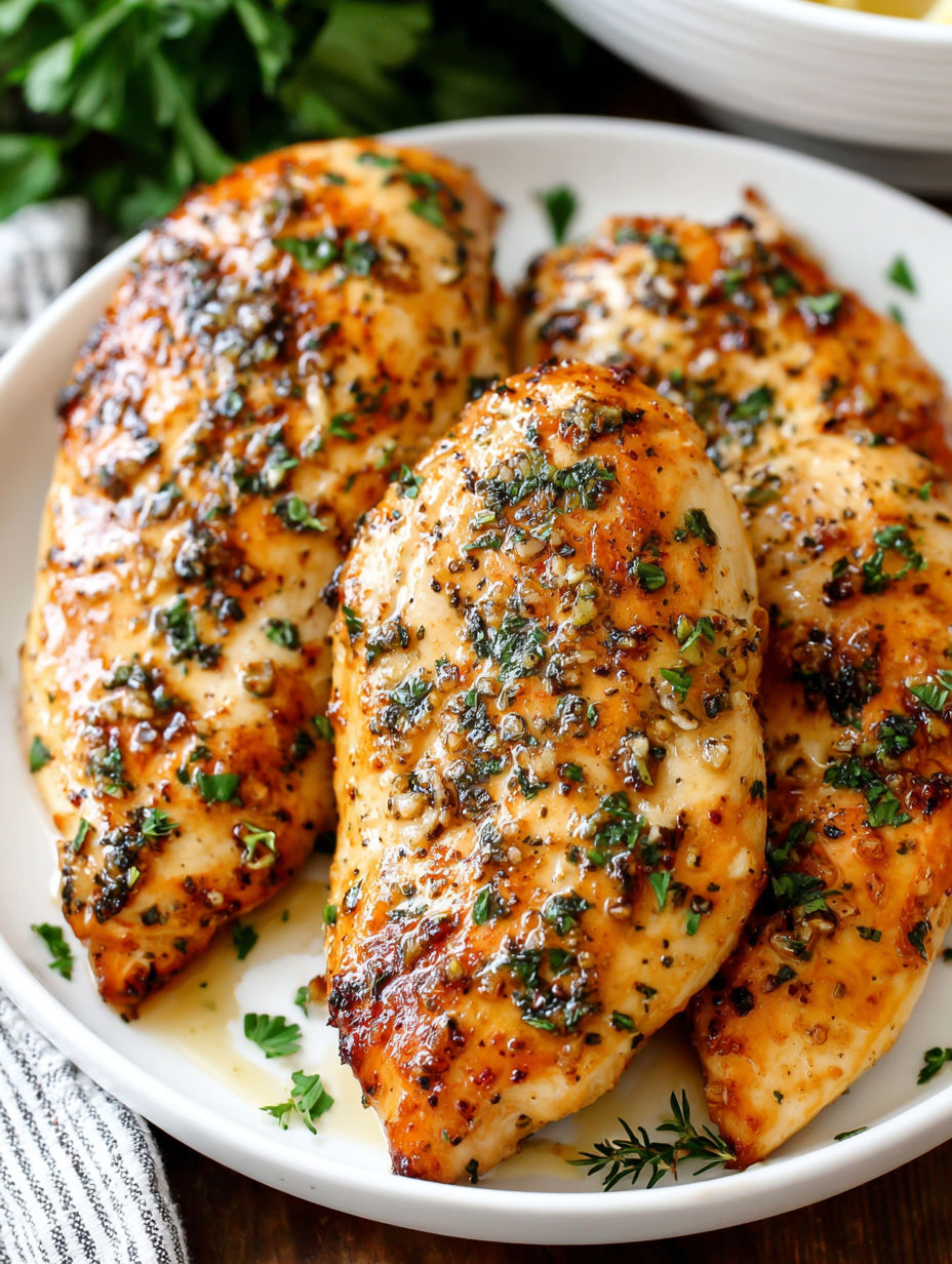 A plate of garlic chicken breasts.