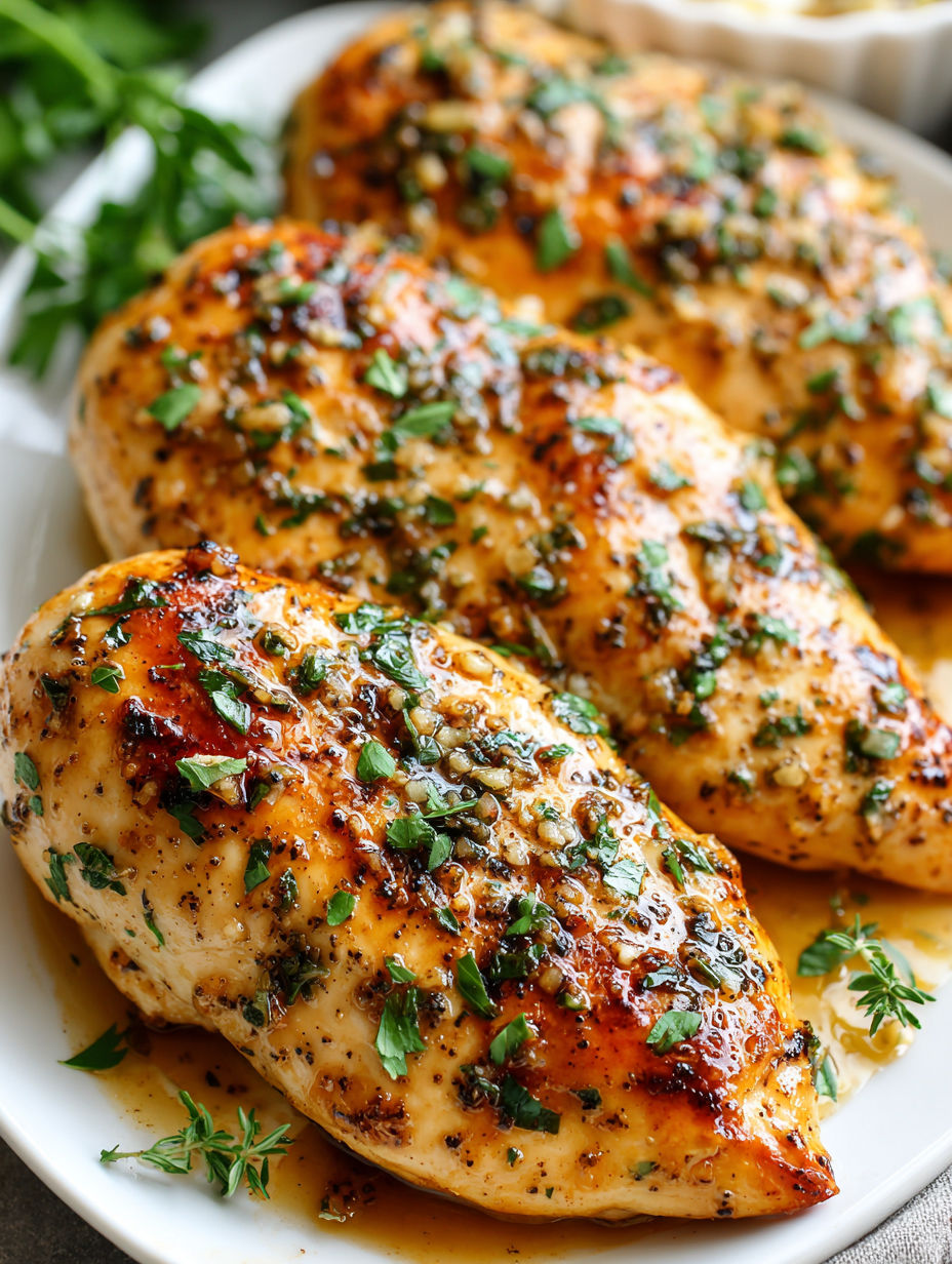 Garlic chicken breasts on a white plate.