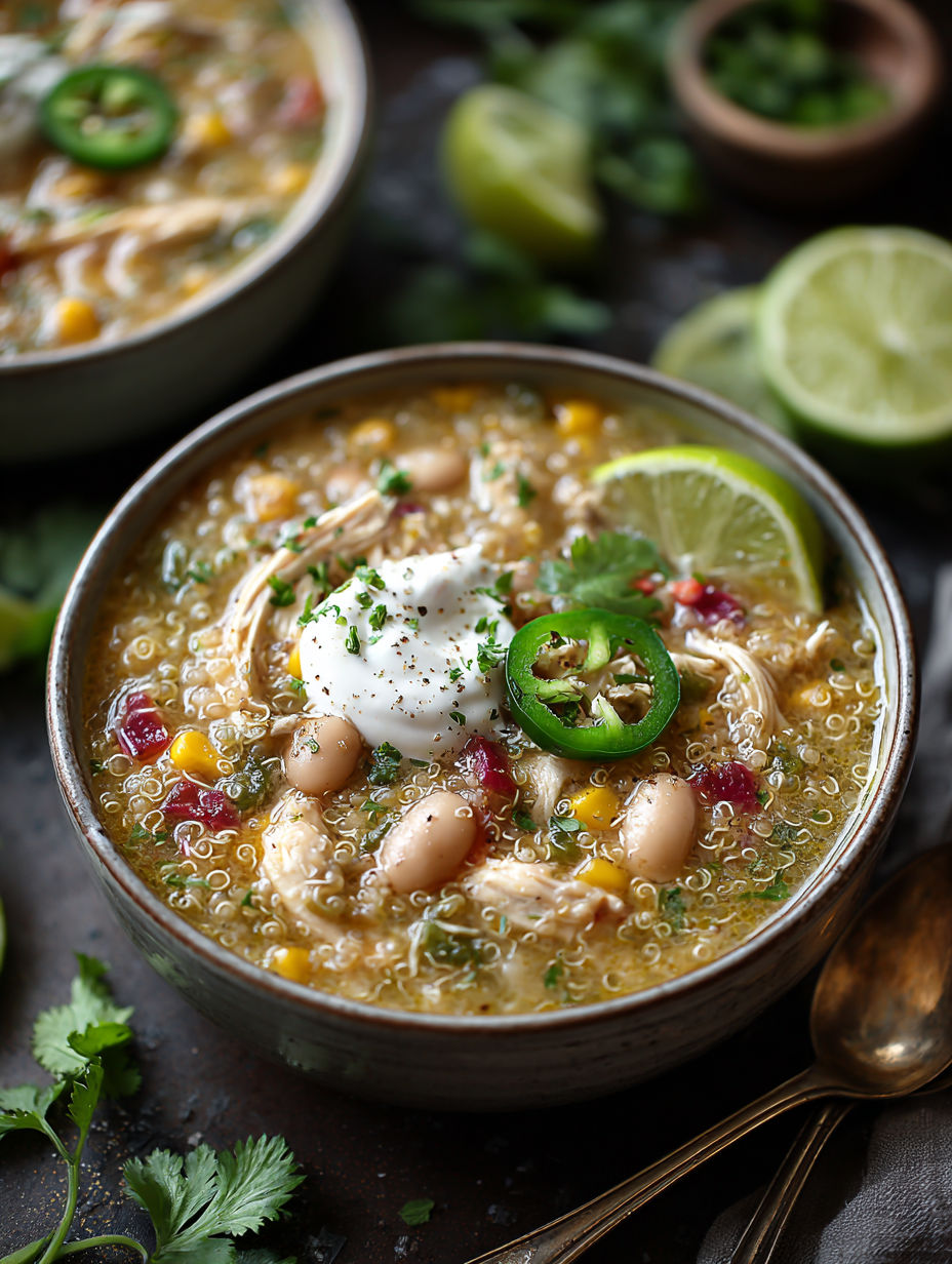 A bowl of chili with white chicken, beans, and lime wedges.