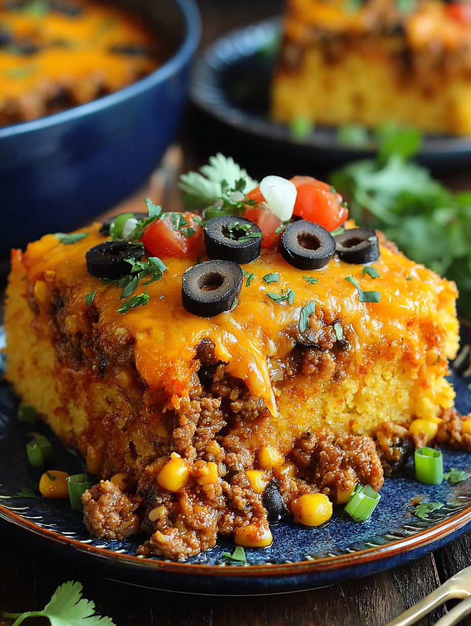 A close up of a delicious Mexican cornbread casserole.