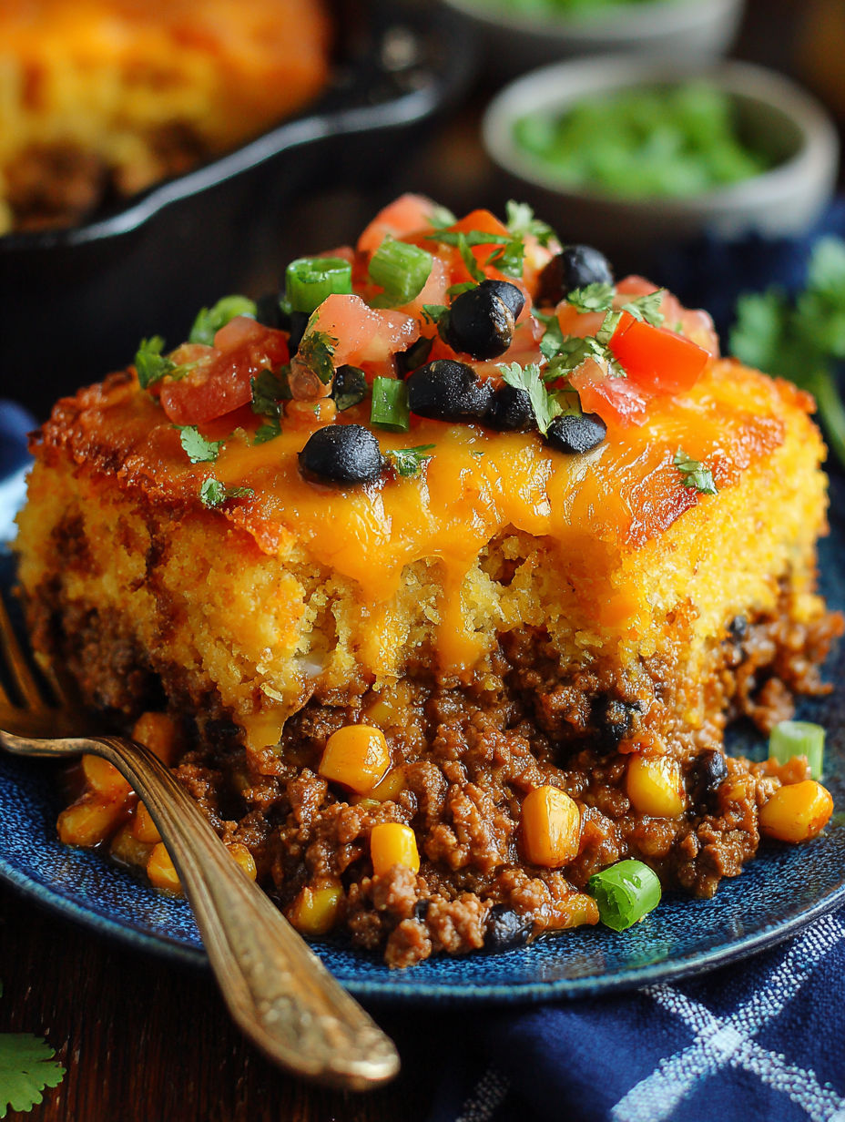 A slice of cornbread with tomatoes, black beans, and cheese.
