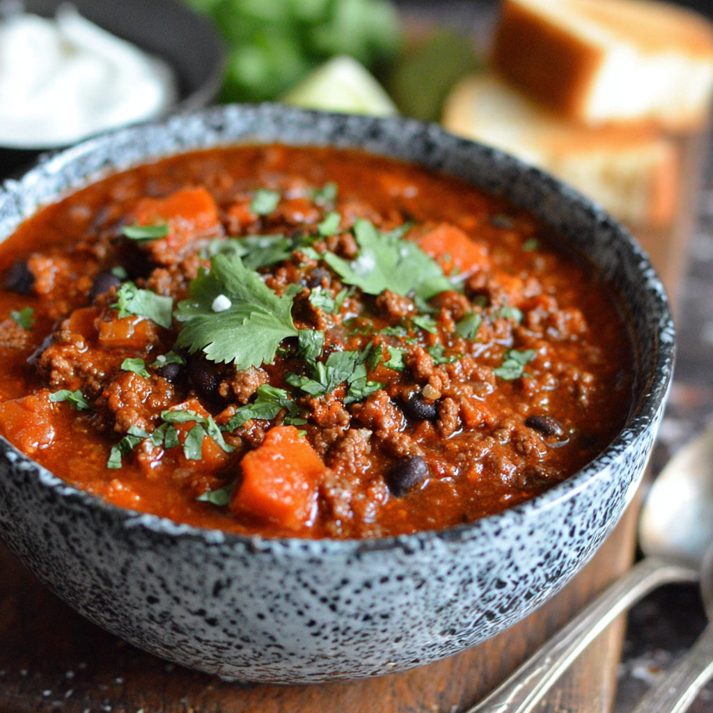 A bowl of chili with pumpkin puree.