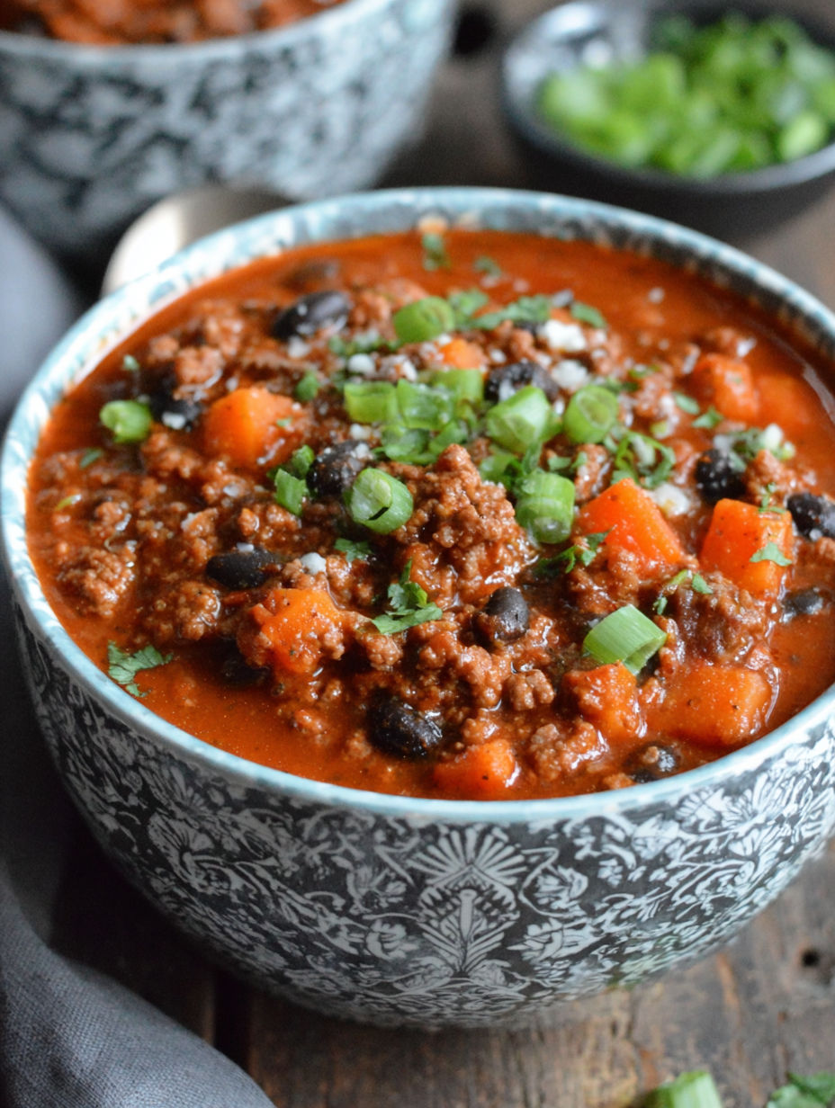 A bowl of chili with pumpkin puree.