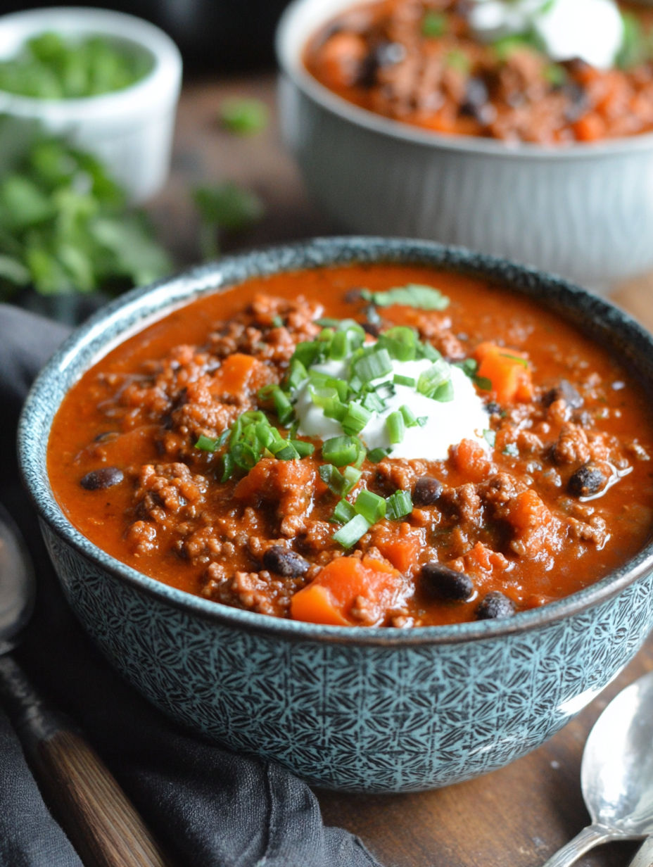 A bowl of chili with a dollop of sour cream on top.