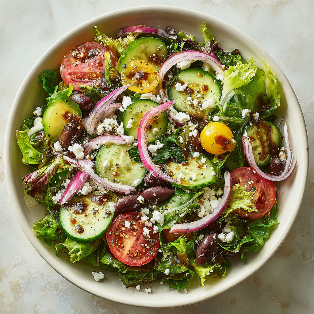 A bowl of green salad with tomatoes, cucumbers, and onions.