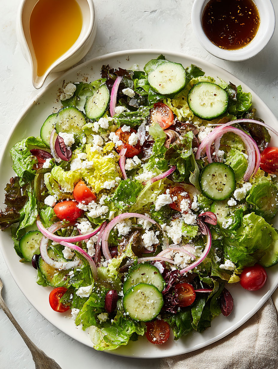 A green salad with cucumbers, tomatoes, and onions.