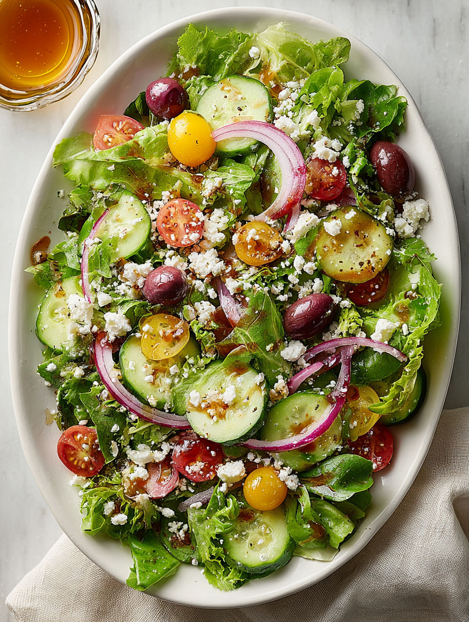 A green salad with tomatoes, cucumbers, onions, and olives.