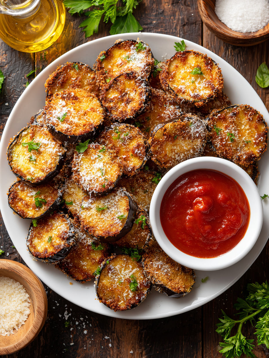 A plate of air fryer eggplant with a bowl of ketchup on the side.