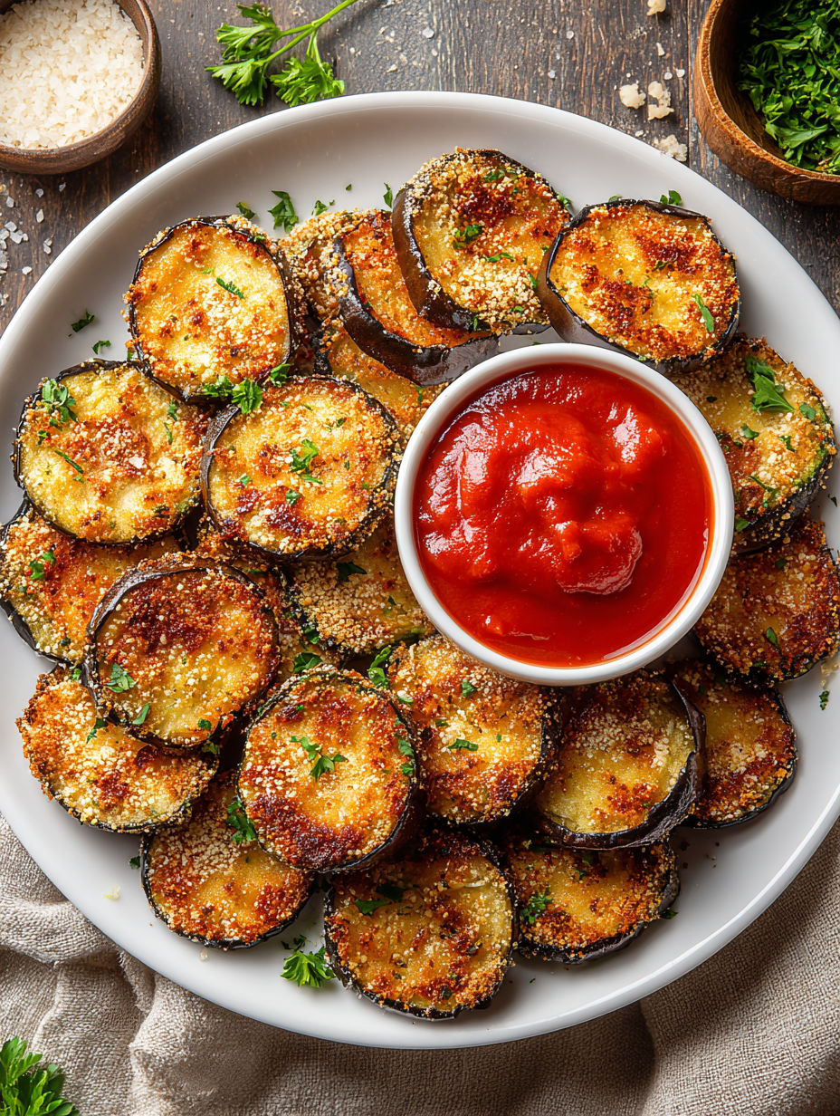 A plate of air fryer eggplant with a bowl of sauce.