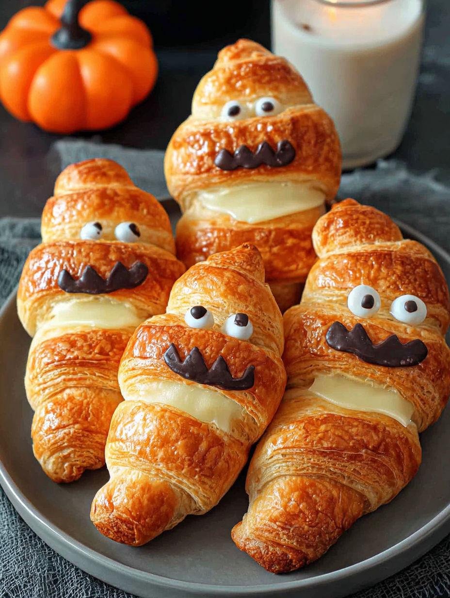 A plate of croissants with faces drawn on them.