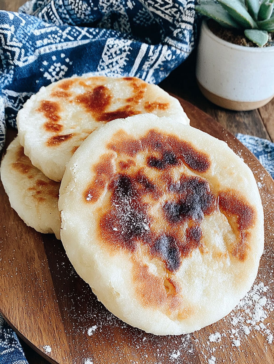 Three delicious bolo do caco on a wooden table.